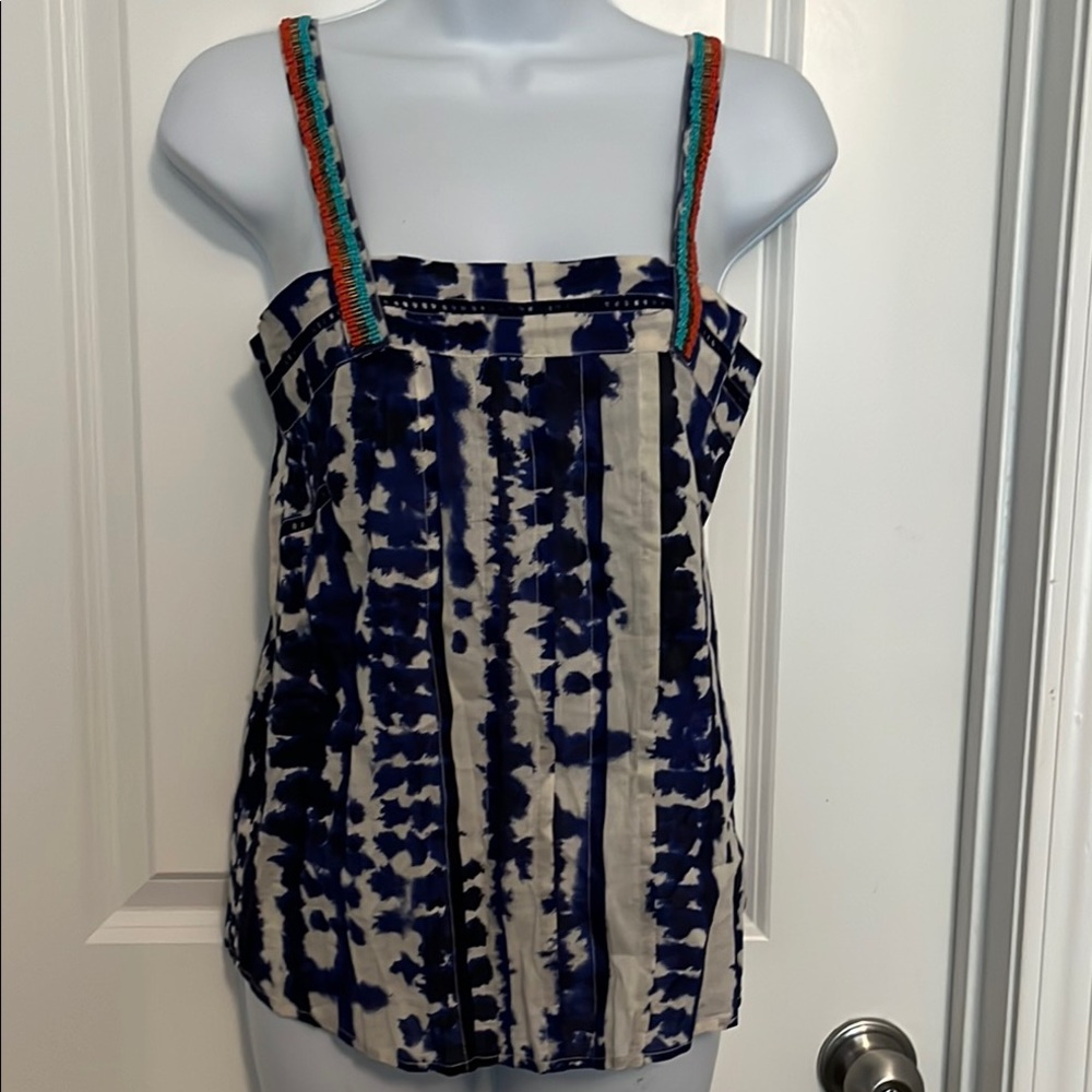 Charlotte Tarantola Blue and Cream Camisole with Multicolor beaded Straps